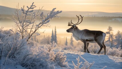 Majestic reindeer with impressive antlers stands serenely on a snow-covered hill amidst a frosty winter landscape bathed in soft golden sunrise light, evoking a sense of wild beauty.