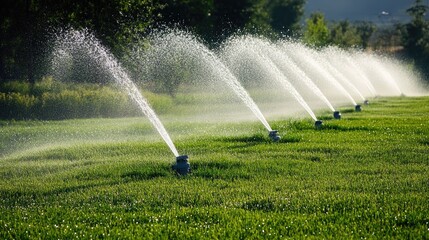Sprinklers distributing water evenly across a lush green field, creating fine mist and enhancing agricultural growth.