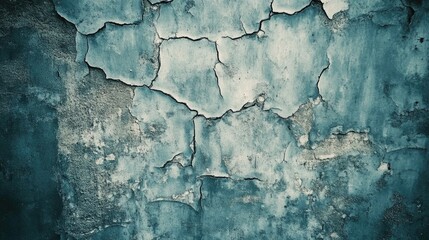 Obraz premium Cracked blue cement wall texture with a vignette effect, showcasing weathered and peeling paint in varying shades of blue and gray.