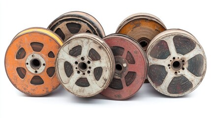 Obraz premium Collection of vintage 8mm film reels in various colors and designs arranged on a clean white background showcasing their unique textures and patterns.