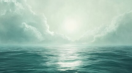 Tranquil sea green watercolor backdrop with soft clouds and a luminous sun, creating a serene and calming atmosphere over gentle waves.