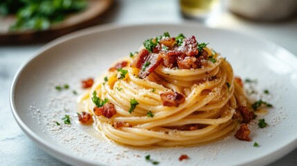 Fototapeta premium Spaghetti carbonara elegantly arranged with crispy bacon bits and fresh parsley on a clean white plate, perfect for lovers of Italian flavors.