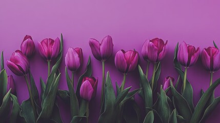 Naklejka premium Lush purple tulips arranged elegantly against a vivid purple background, showcasing their delicate petals and vibrant hues for a striking floral display.