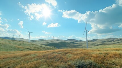 Scenic hilly landscape with wind turbines against a bright blue sky showcasing renewable energy generation in a vibrant, natural setting.