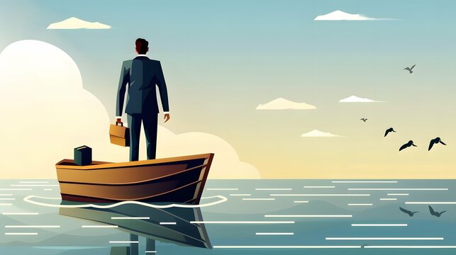 Business man boat sea career uncertainty struggle layoff challenge illustration