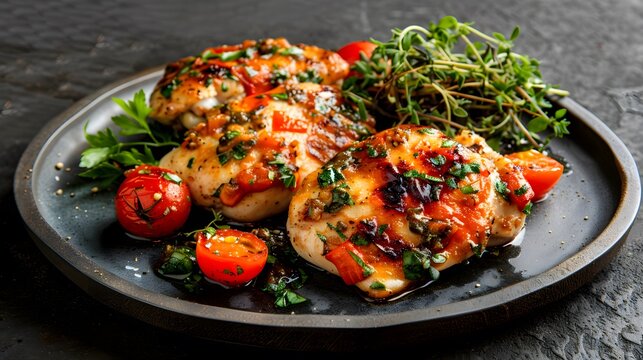 Chicken breast protein healthy food meal tomato plate delicious gourmet