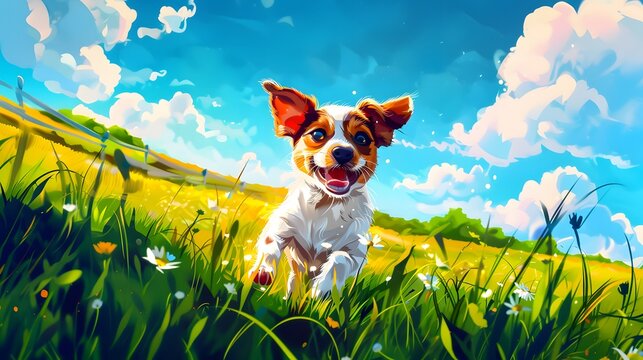 Cute puppy running happily green field, pet dog play illustration