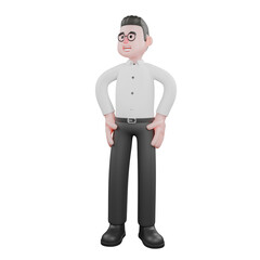 Animated 3D Cartoon. A male producer stands with both hands on his hips while his head is slightly tilted to the side, his eyes looking away with a bright expression. Animation