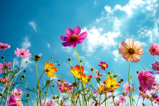 Colorful flowers blue sky nature blooming spring landscape outdoor floral 