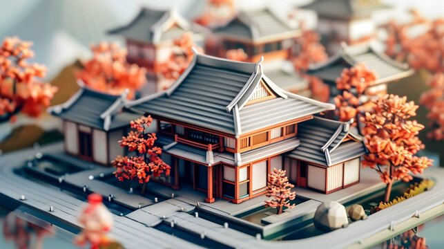 Japan buildings Japanese traditional house illustration historical miniature landscape residential