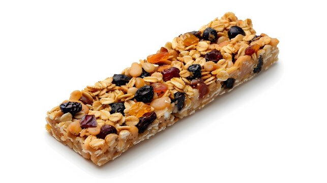 Granola bar white background, healthy food snack oats nuts raisins protein