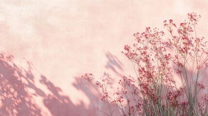 Shadows of delicate flowers and grass on a soft blush pink concrete wall creating an abstract nature-inspired background with space for text overlay.