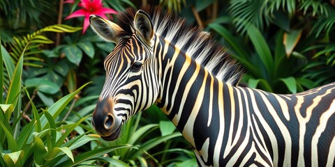 Colorful striped jungle zebra in a vibrant jungle environment with foliage and plants, greenery, colorful, bold colors
