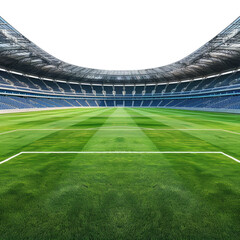 Empty Soccer Stadium Field: Green Grass, Blue Seats, Architectural Design, Sports Venue, Wide Angle View, Daylight, Professional