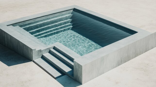 Rectangular gray swimming pool with steps, featuring serene blue water, set against a minimalist backdrop, representing a space for aspirations and achievements.