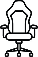 Minimalist Gaming Chair Outline Icon, Black and white outline icon of an ergonomic gaming chair with armrests, perfect for gaming, office setups, and workstation themes.
