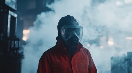 Industrial worker in protective gear, including a respirator and helmet, standing amidst a smoky environment, emphasizing the critical importance of safety measures in hazardous conditions.