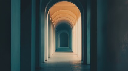 Fototapeta premium Serene archway corridor in soft light with play of shadows