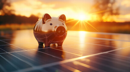 Golden Piggy Bank Rests on Solar Panel at Sunset, Representing Energy Savings and Investment