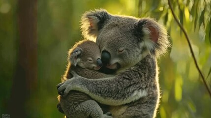 Naklejka premium Mother Koala Cuddling Baby in Eucalyptus Forest
