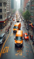 A vibrant view of yellow taxis moving down a bustling city street, capturing the energy and motion...