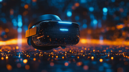 A virtual reality headset is suspended in the air, surrounded by a field of glowing lights. Concept of wonder and excitement, as if the viewer is about to embark on a thrilling adventure