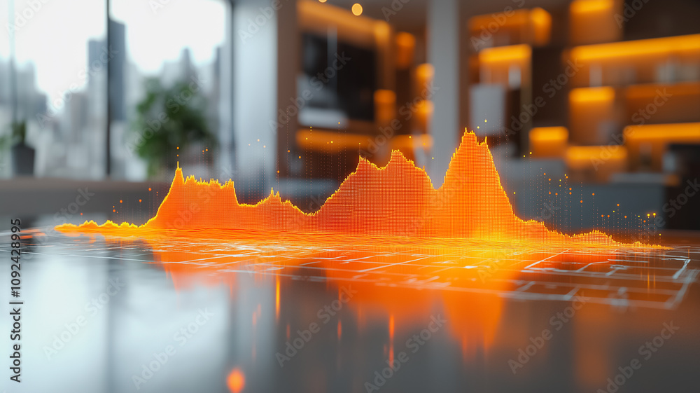 Poster a computer generated image of a mountain range with orange dots. the image is abstract and has a fut