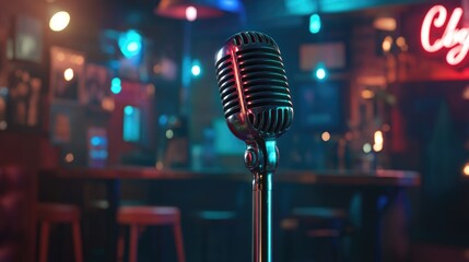 Close-up of a vintage microphone illuminated by colorful lights on stage in a cozy cafe, highlighting a cabaret-style performance atmosphere with space for text inclusion.
