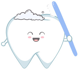 Fototapeta premium Cute tooth holding toothbrush and toothpaste foam, illustrations for dentistry and children