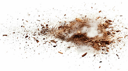 Brown Wood Fragments Explode in an Abstract Dispersion against a White Background