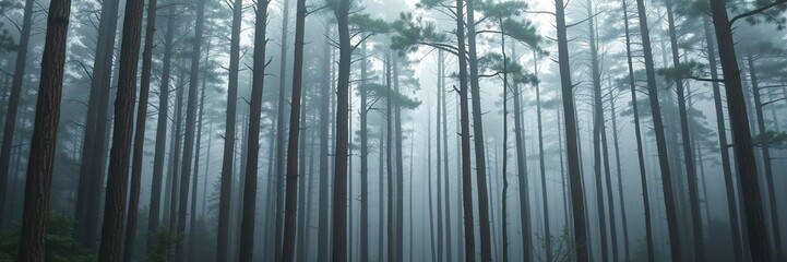 Obraz premium Dense forest with tall trees and a misty atmosphere, forests, nature