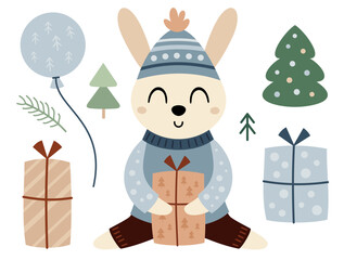 Fototapeta premium Christmas clipart with rabbit, christmas tree, present. Merry Christmas clipart. Cute festive elements. Hand draw vector illustration in flat style