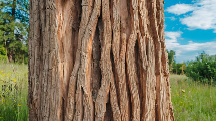 Naklejka premium Close-up of cedar tree bark texture showcasing its rough, natural patterns and earthy tones, perfect for nature backgrounds, organic designs, or environmental-themed projects. 