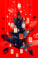 Obraz premium An artistic representation of an advent calendar tree adorned with colorful ornaments and numbered tags. The backdrop is a bold red, enhancing the festive atmosphere.