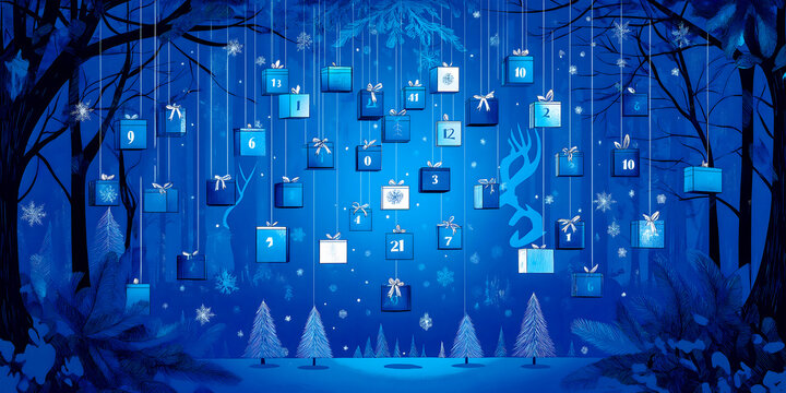 A magical winter landscape features an advent calendar adorned with colorful gift boxes hanging from branches.