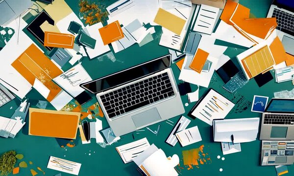 A laptop surrounded by scattered papers and documents, depicting a chaotic workspace.