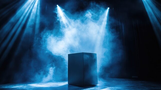 A captivating stage moment featuring a mysterious black box illuminated by dramatic blue lighting and billowing fog, creating an atmosphere of magic and anticipation.