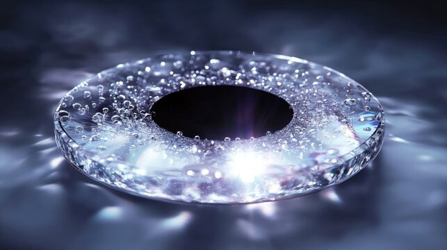 A shimmering compact disc surrounded by glistening water droplets, each bead reflecting light in a mesmerizing array, set against a dark and blurred background.