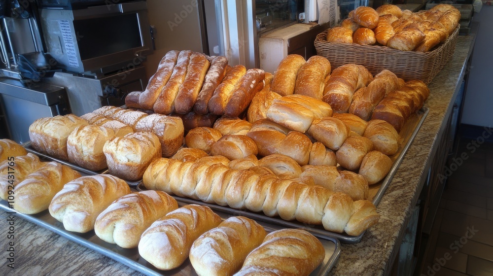 Poster freshly baked artisan breads artfully arranged on a rustic bakery countertop, showcasing a variety o