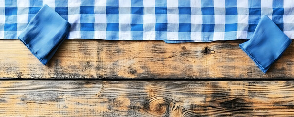 Obraz premium Rustic Wooden Table with Blue Checkered Tablecloth and Napkins