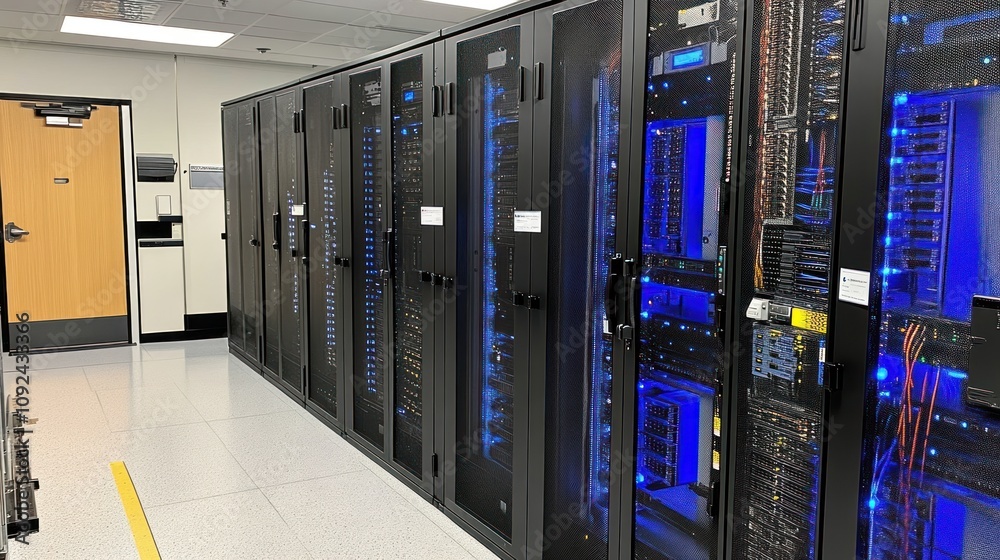 Poster Modern Data Center Server Room With Illuminated Racks