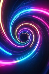 Naklejka premium Abstract Neon Light Spirals on Dark Background: Bright, colorful spirals of neon light set against a black background, perfect for tech or creative themes. 