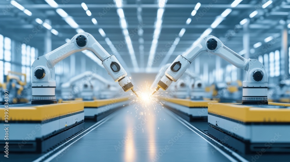 Poster robotic arms welding on assembly line in factory