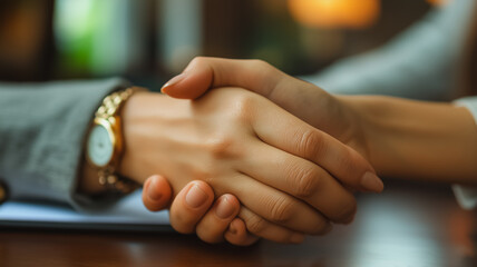 Obraz premium A woman shakes hands with another woman. The woman on the left is wearing a watch. The woman on the right is wearing a gray shirt