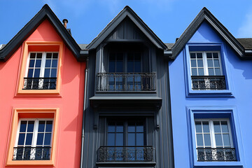 Fototapeta premium Three Colorful Houses with Black Accents and Iron Balconies under a Blue Sky