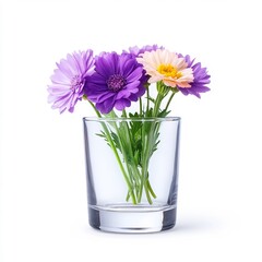 Vibrant Spring Flowers in Glass Vase on White Background