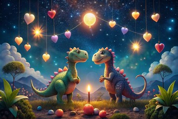 Obraz premium Enchanting Night Photography of Valentine's Dinosaurs Celebrating Love Under a Starry Sky with Heart-Shaped Balloons and Twinkling Lights
