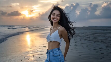 Carefree Coastal Bliss Young Woman Enjoying Freedom and Laughter at Sunset