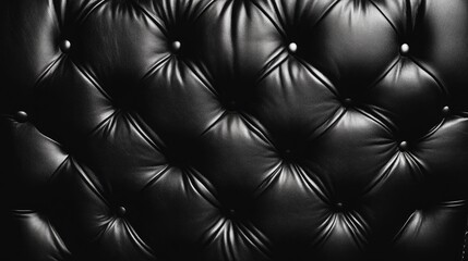 Textured black leather upholstery featuring deep diamond tufting and shiny buttons, creating a sophisticated and elegant look suitable for headboards or couches.