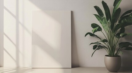 Blank canvas mockup with sunlight and a plant in a white room.